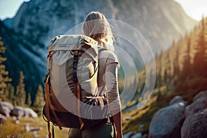 Traveler hiker camper woman wearing Big Trekking Backpack. Viewed from the back. Mountains landscape. Hiking, trekking