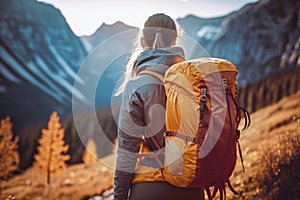 Traveler hiker camper woman wearing Big Trekking Backpack. Viewed from the back. Mountains landscape. Hiking, trekking