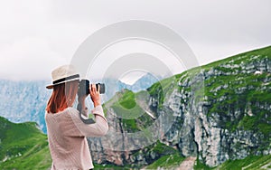 Traveler or hiker in the mountains in the National Park Triglav.