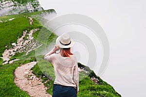 Traveler or hiker in the mountains in the National Park Triglav.