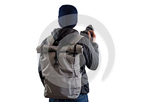 Traveler holds camera