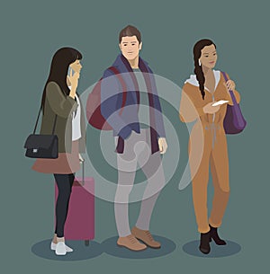 Traveler icon set. Man and women with luggage, smart phone, tickets. People in airport, train, bus, ship journey. Couple