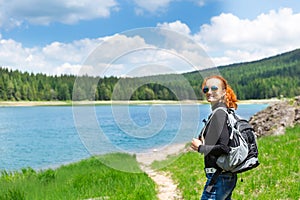 Traveler infront of lake view and mountains