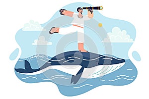 Traveler is looking for adventures by crossing sea on huge whale, and holding spyglass in hand