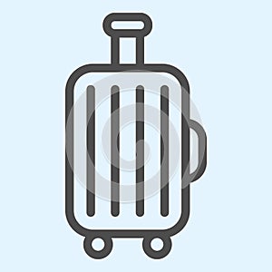 Traveler luggage line icon. Suitcase baggage with handle on wheels. white. Horeca vector design concept, outline style