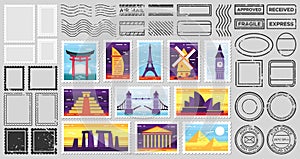 Traveler mail post stamp. City attractions postcard, fragile stamp and postage frames vector set