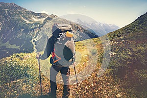 Traveler Man with backpack mountaineering