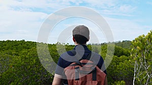 Traveler Man with Backpack Walking Among Green Treetops, Adventure Tourism