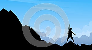 Traveler Man Silhouette Stand On Mountain Rock