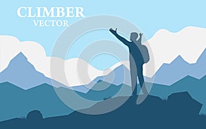 Traveler Man Silhouette Stand Top Mountain Rock Peak Climber. Vector illustration of a mountain landscape with realistic silhouett