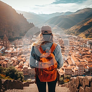 Traveler on Mountain Peak Overlooking Cusco, Peru