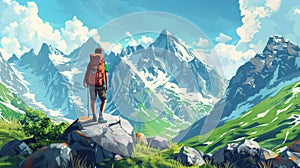 Traveler at the mountains in 2D with separated layers. Tourist with backpack stand at rocks and look into the distance