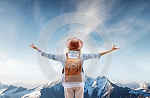 Traveler at the mountains landscape Travel and active life concept.