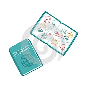 Traveler passport. Cover and page spread with various stamps, seals. Stock Vector illustration in simple cartoon style