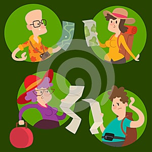 Traveler people searching right direction on map vector traveling freedom and active character lifestyle concept