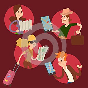 Traveler people searching right direction on map vector traveling freedom and active character lifestyle concept