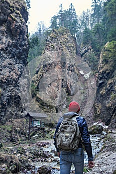 Traveler in raining mountain