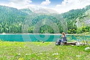 Traveler is resting at the lake