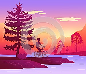 Traveler rides bicycle in the forest. Mountain background. Forest landscape. Tourism and sport