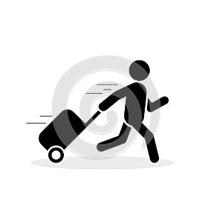 Traveler is running with bag icon, hurrying to the transport concept. Vector flat illustration