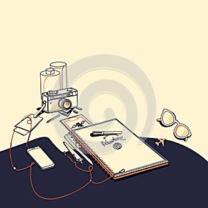 Traveler`s desktop. Still life with traveler`s things. Line illustration