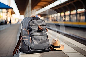 Traveler\'s kit at the train station backpack, hat, map, sunglasses, earphone, smartphone photo