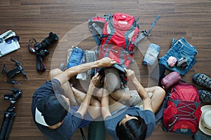 Traveler`s Young couple backpack planning