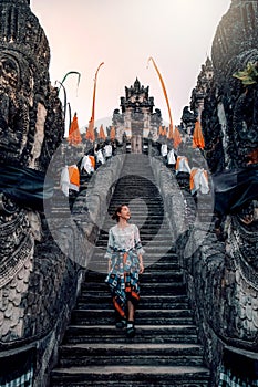 Traveler Standing at the Gates of Pura Lempuyang Temple aka Gates of Heaven Bali, Indonesia