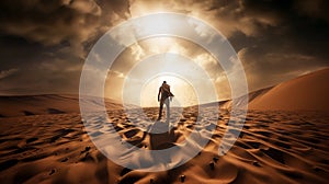 A traveler standing on the top of a sand dune in the desert. The man searching for the way