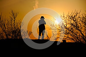 Traveler with sunset in dusk