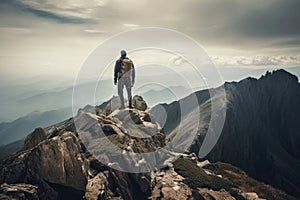 Traveler takes a break at the summit, stunning scenery while carrying a backpack