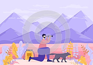 Traveler with Telescope and Dog in Nature