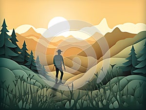 traveler travel in Sunset Mountain Paper cut style for travel concept, Banner and Poster.