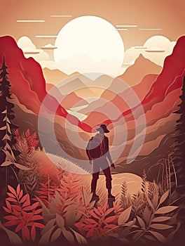 traveler travel in Sunset Mountain Paper cut style for travel concept, Banner and Poster.