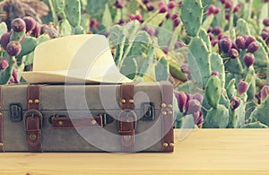traveler vintage luggage and fedora hat over wooden table. holiday and vacation concept.