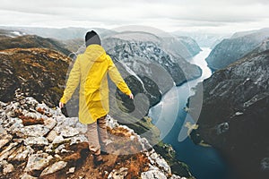 Traveler walking alone in mountains weekend getaway photo