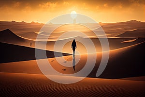 The traveler walks along the sand dunes against the backdrop of the setting sun. AI generated