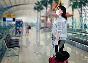 Traveler in a white mask and with a suitcase is standing at the airport.