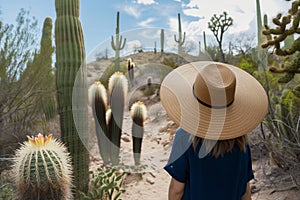 traveler in widebrimmed hat observing cacti on a desert trail