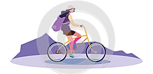 traveler woman with bag riding bicycle