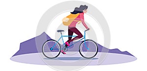 traveler woman with bag riding bicycle