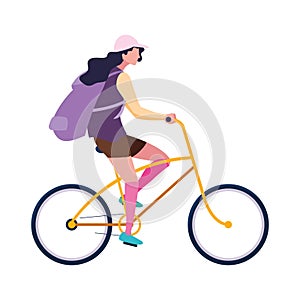 traveler woman with bag riding bicycle