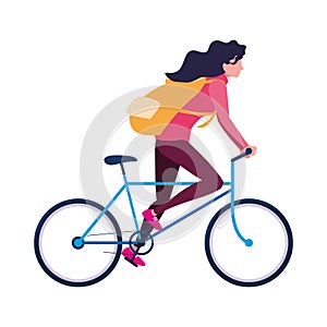 traveler woman with bag riding bicycle