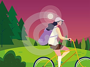 traveler woman with bag riding bicycle
