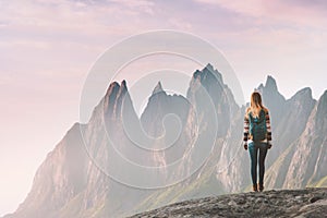 Traveler woman enjoying Okshornan peaks landscape in Norway travel lifestyle