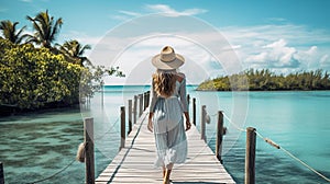 A Traveler Woman Finding Peace and Relaxation on a Wood Bridge in a Tropical Island Paradise. Generative Ai