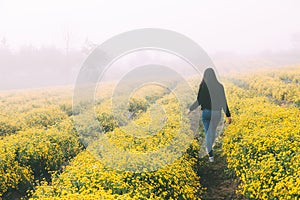 Traveler woman in flower garden