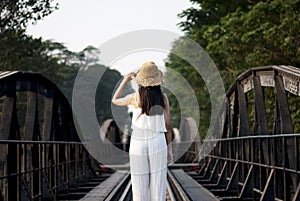 Traveler woman joy relaxing and amazed nature landscape, Tourism destination Asia, Girl on holiday vacation trip