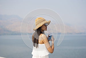 Traveler woman joy relaxing and look amazed nature landscape island, Tourism destination Asia, Girl on holiday vacation trip