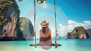 Traveler woman relaxing on swing above Andaman sea Railay beach Krabi, Leisure tourist travel Phuket Thailand summer holiday